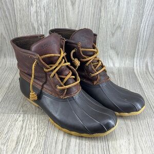 SPERRY MID CALF RAIN BOOTS SALTWATER CROC LEATHER DARK BROWN